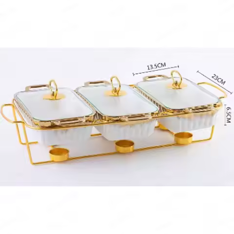 Three-grid Binaural Ceramic Baking Pan, Household, Tableware, Heated Soup Pot, Dry Pot