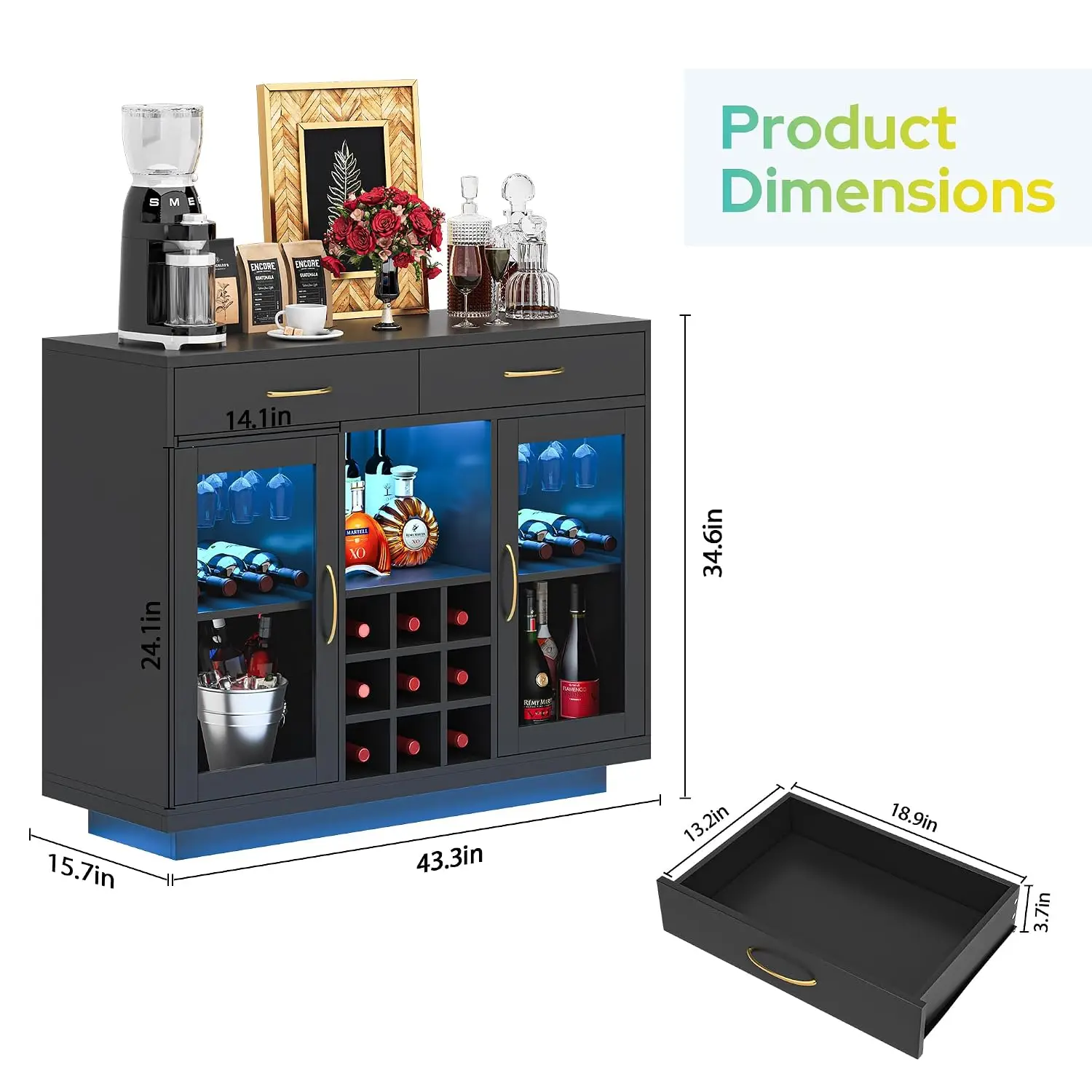 Wine Bar Cabinet with LED Lights & Glass Rack, Kitchen Buffet Sideboard with Storage for Living Room & Dining Room, Customized