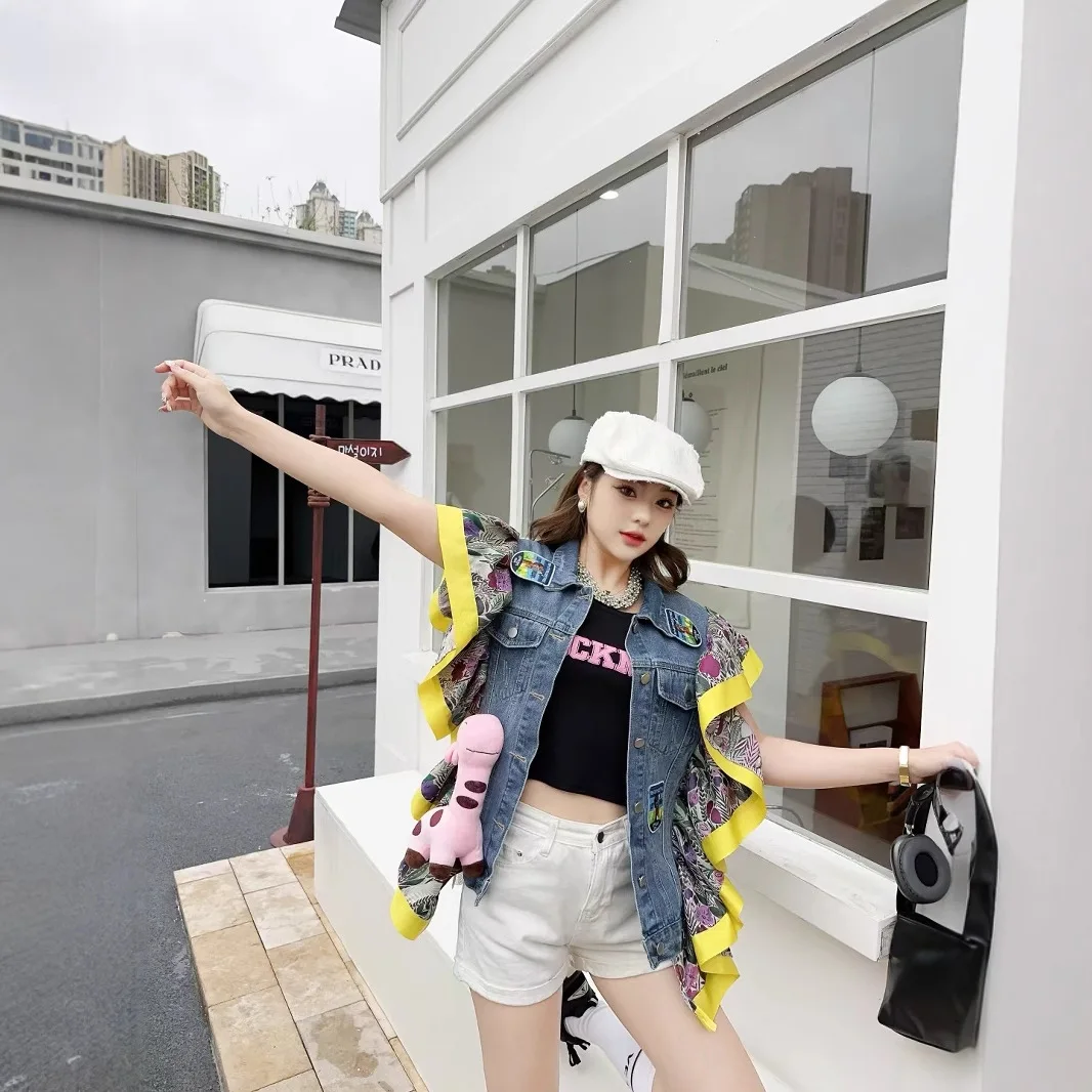 Tide ยี่ห้อ Ruffle Edge Splicing DENIM เสื้อกั๊กผู้หญิงฤดูใบไม้ผลิและฤดูใบไม้ร่วง 2025 ใหม่หลวมเสื้อกั๊กเสื้อแขนกุดสําหรับสตรี