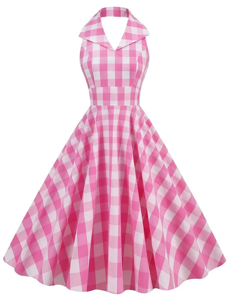 

Pink Plaid Print Summer Dresses for Women Notched Collar Sleeveless A-Line 50s 60s Vintage Elegant Party Dress