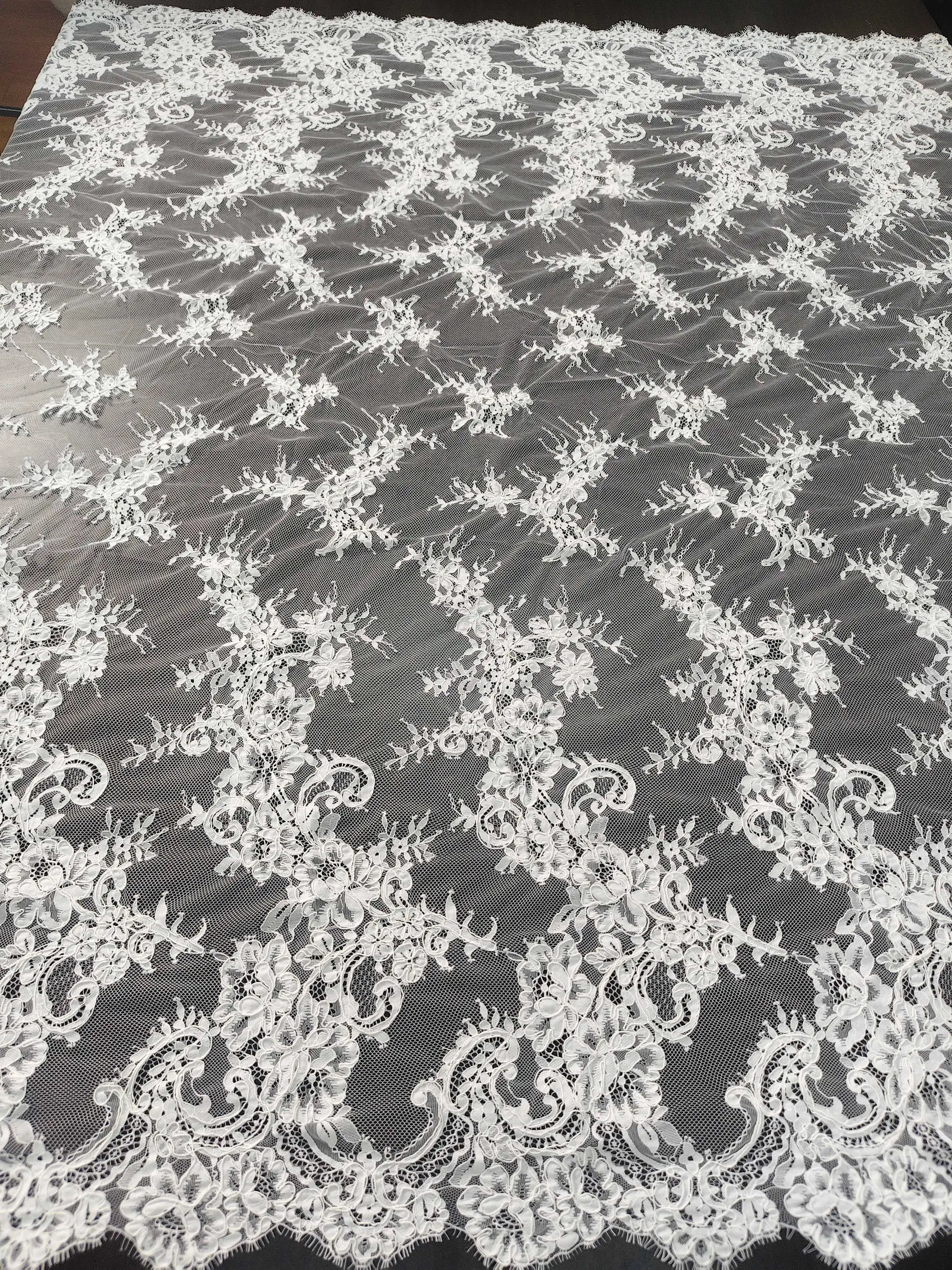 Soft, Sheer Floral Tulle with Rope Embroidery Lace Trim and Eyelash-Like Scalloped Edging.