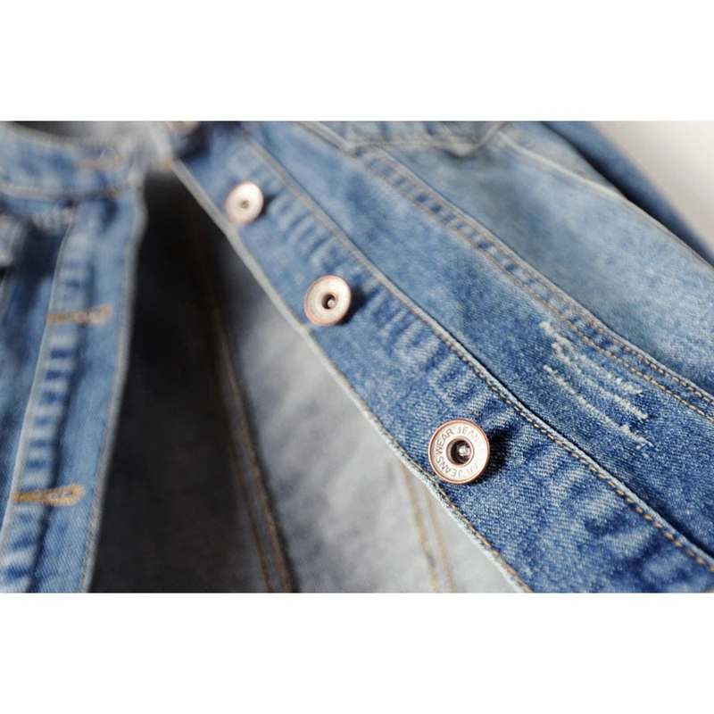 Vintage Blue Frayed Pocket Denim Jacket Women Slim Short Student Cowboy Outerwear O Neck Long Sleeve Jeans Jacket Coat Female