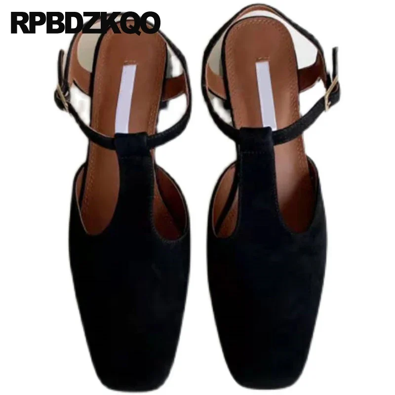 

Square Toe Size 33 Brown Black China Thick Suede Strappy High Quality Designer Brand Shoes Women Genuine Leather T Strap Velvet