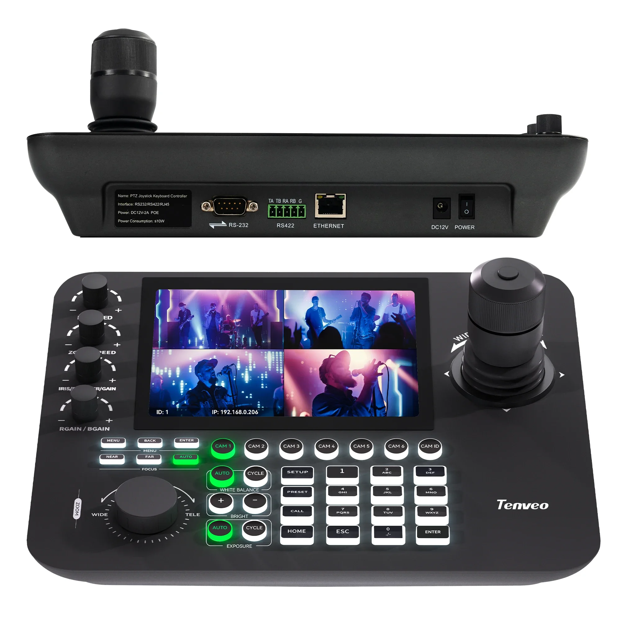 Tenveo NDI PTZ Camera Joystick Controller 7 Inch LCD Quad-Screen Real-time Preview, 4D Joystick Control Keyboard POE