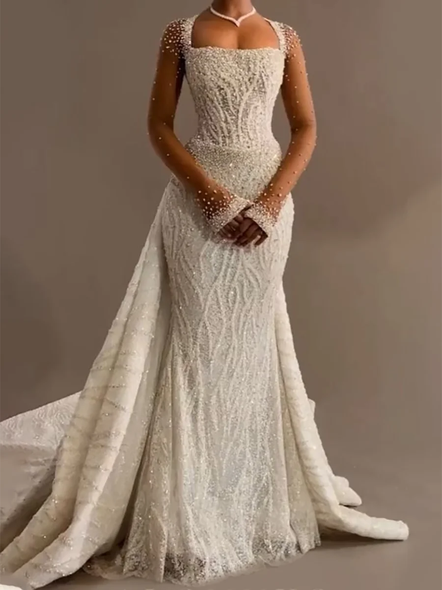 رائعة ساحة طوق الديكور كم كامل حورية البحر انفصال قطار العروس فساتين الزفاف أثواب الزفاف حسب الطلب