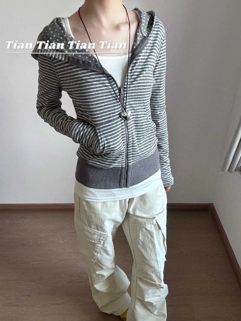 2026 Early Autumn New Vintage Slim Fit Thin Striped Hooded Cardigan Spice Girl Sweatshirt for Trendy Young Women Daily Wear view 5