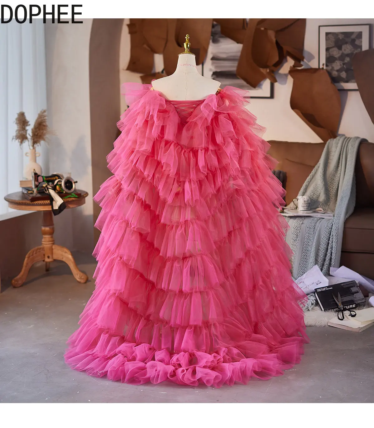 Orighinal Rose Pink Handmade DIY Evening Dress Accessories Multiple Layers Elegant Mesh Large Shawl Mopping Floor Fairy Tail