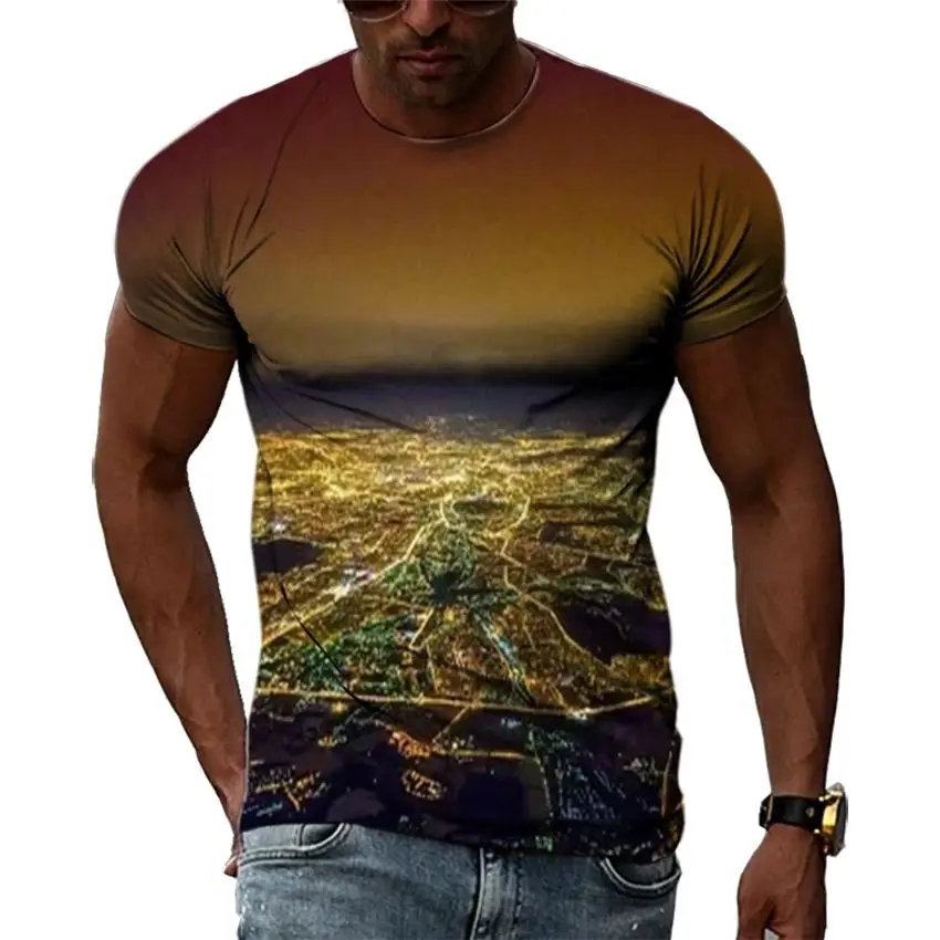 New Summer Men Street Night Scene Fashion Personality 3d Printed Pattern T-Shirt Casual Trend Large Size O Collar Short Sleeve