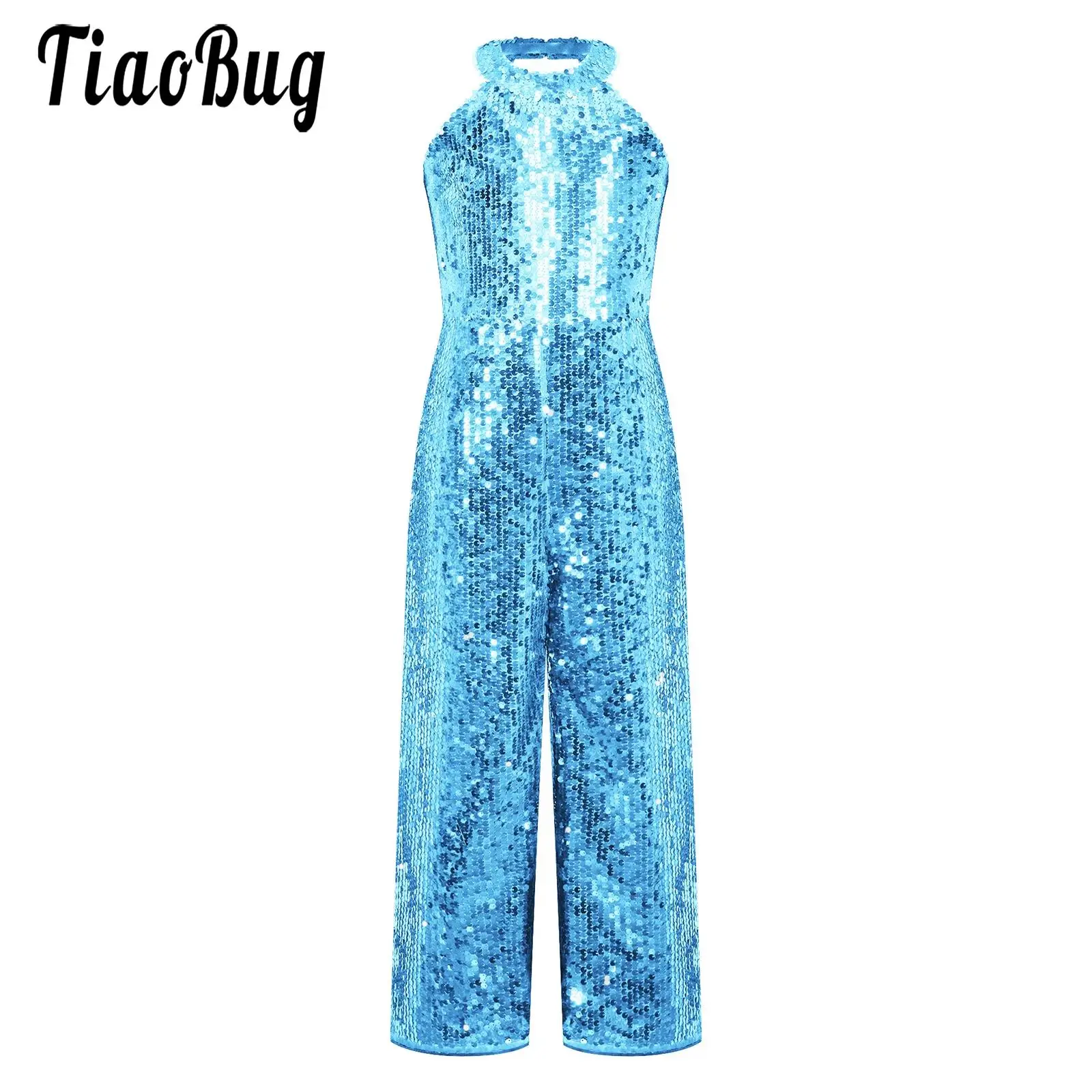 

Kids Girls Sparkly Full Sequin Long Jumpsuit Romper Sleeveless Party Full Body Zipper Bodysuit Playsuit Dance Prom Leotard