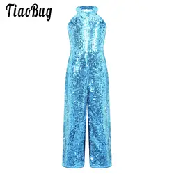 Kids Girls Sparkly Full Sequin Long Jumpsuit Romper Sleeveless Party Full Body Zipper Bodysuit Playsuit Dance Prom Leotard