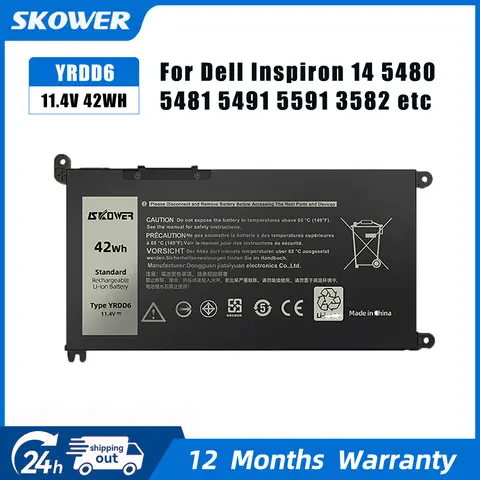 SKOWER YRDD6 11.4V 42Wh Laptop Battery For Dell Inspiron 14 5480 5482 5481 5485 5491 5591 5593 3583 3582 3493 3593 5584 5493