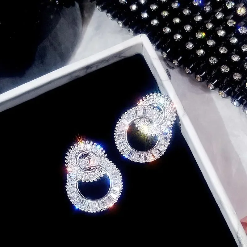 Super Flash Double Circle 925 Sterling SIlver Zircon Earrings Micro-set Double Round Earrings JewelryTemperament Pendientes