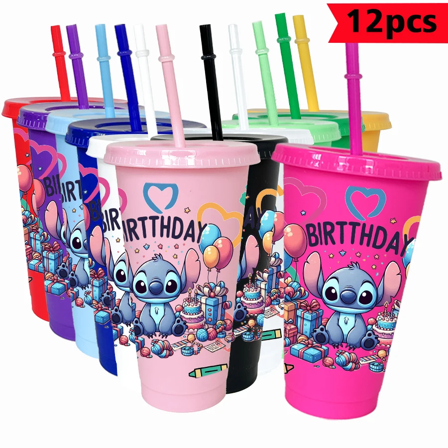 

12 шт./упак., цветной пластиковый стакан Disney Stitch для дня рождения, 26 унций, посуда для питья на день рождения, кружка для сока, кофе