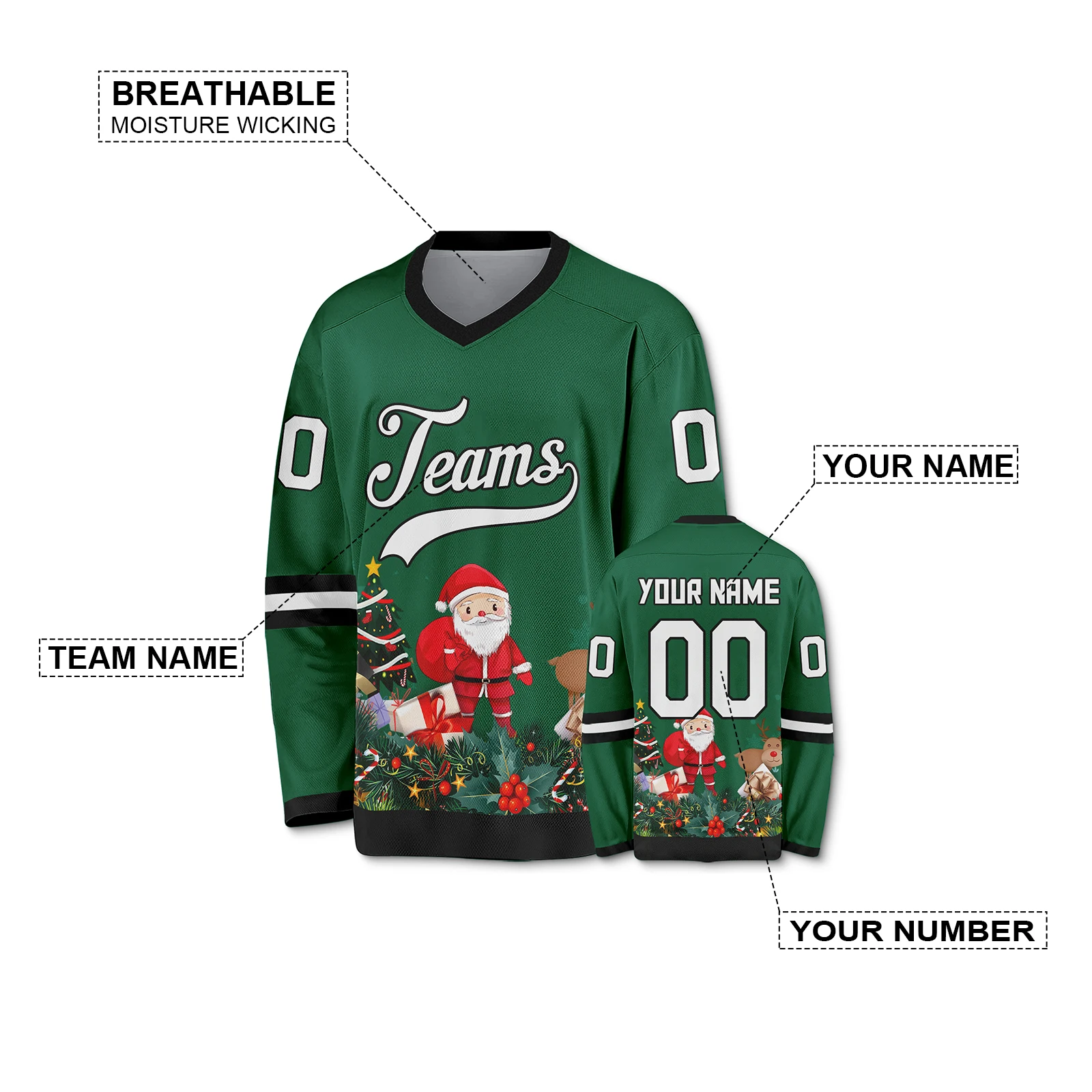 Christmas Custom Hockey Jerseys Green Santa Design Hockey Shirt Personalized Name Number Team Gift for Men Women Youth Kids