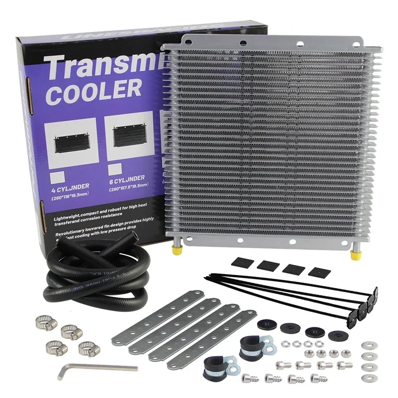 

Transmission 32 Row Universal Oil Cooler Kit 11"x10"x0.75" (280x254x19mm) inlet/outlet 9.6mm 3/8" Barb Tube&fin Aluminum Silver