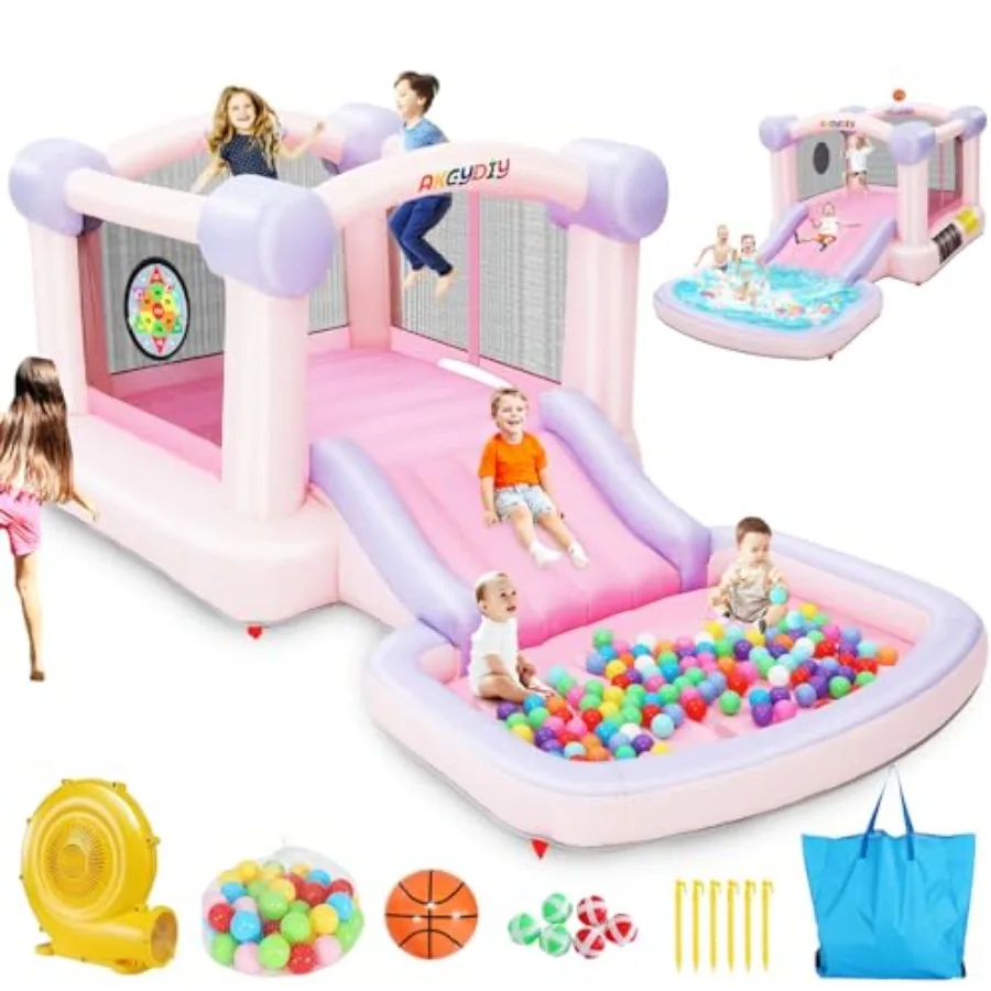 Casa de rebote con piscina de bolas, casa inflable para castillo de salto todo en uno, piscina de tobogán ancho, soplador de aro de baloncesto incluido