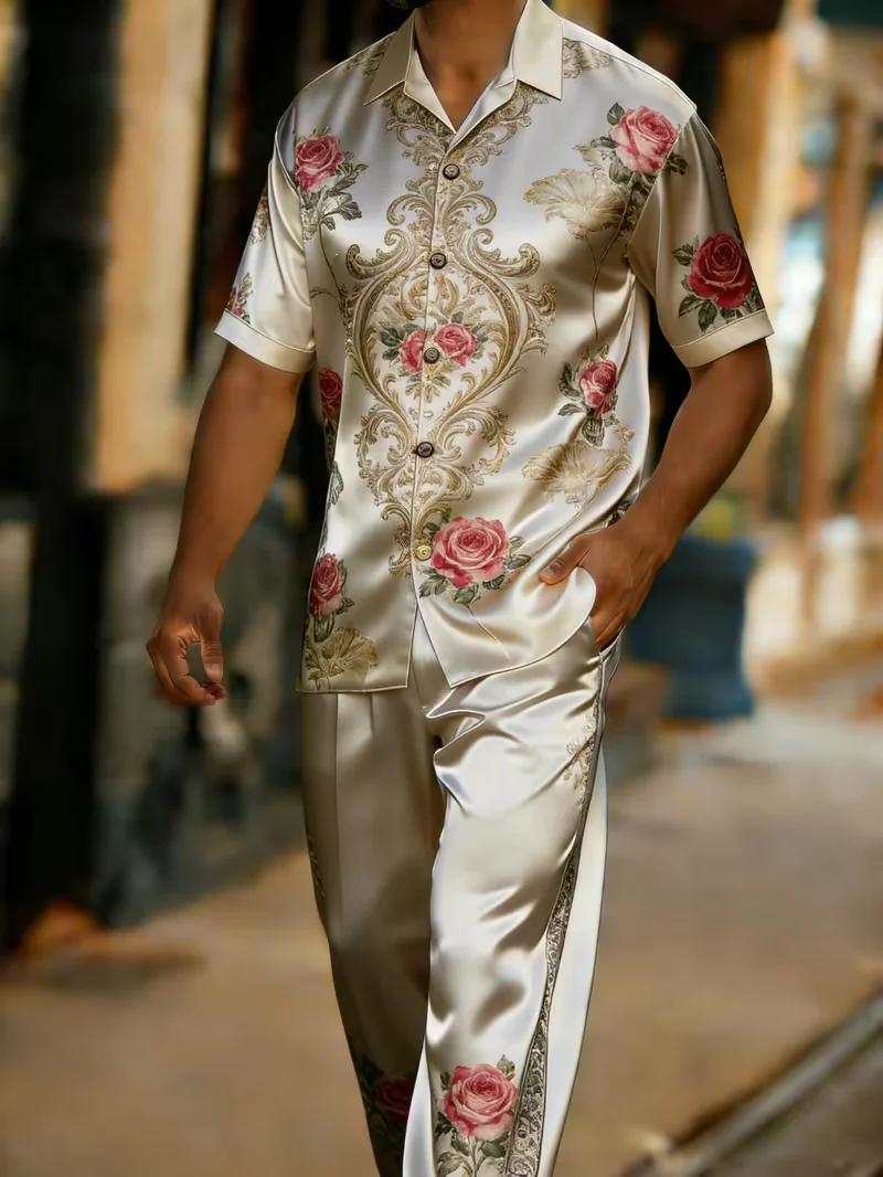 New Champagne Gold Pelis Cashew Flower Two Piece Elegant Luxury Men's 3D Printed Short Sleeve Shirt Pants Set view 2