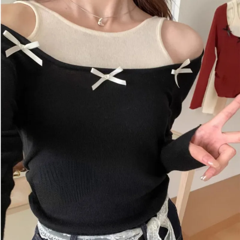 Matakawa Y2k Fake 2-częściowe swetry damskie z kokardkami Koreańska moda Vintage Sexy Ropa De Mujer Wiosna Jesień Casual Pullovers