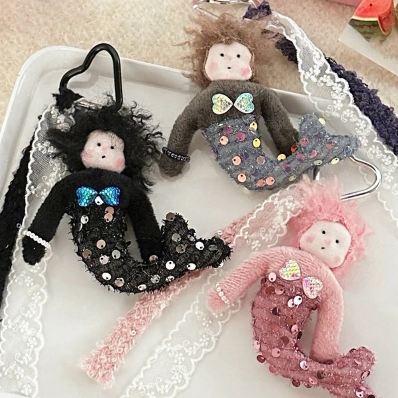 Trendy Lace Ribbon Toy Pendant Keychain with Cartoon Sequined Mermaids Dolls Girl Figure for Backpack or Key Bag Charm