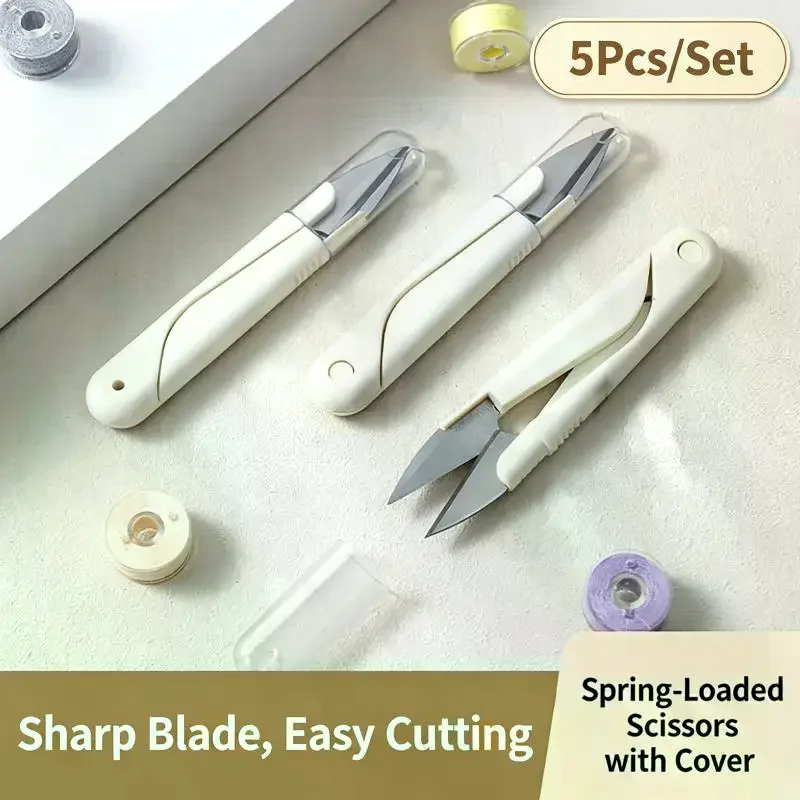 Folding Spring Loaded Scissors Portable: Mini Sharp Cutter Safety Cover Home Student Sewing Craft Cutting