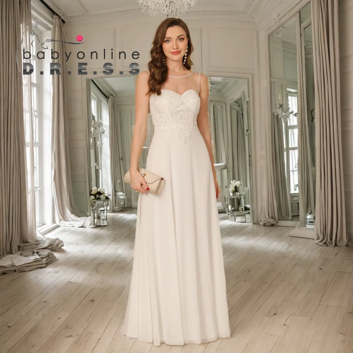 

Свадебное платье BABYONLINE в стиле бохо с бисерной вышивкой, кружевными аппликациями на лифе, вырезом «сердечко», шифоновой юбкой макси А-силуэта, для особых случаев