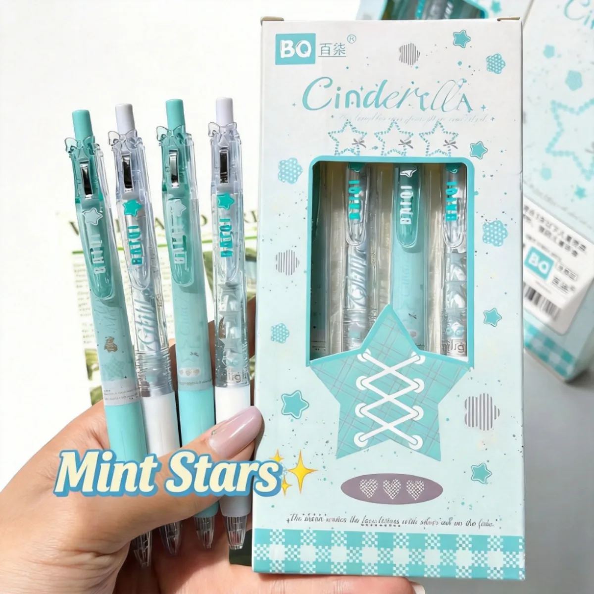 4pcs Mint Star Push-Down Neutral Pens Transparent Body 0.5mm Smooth Ink Flow Quick-Dry Comfortable Grip with Star Bow Clip