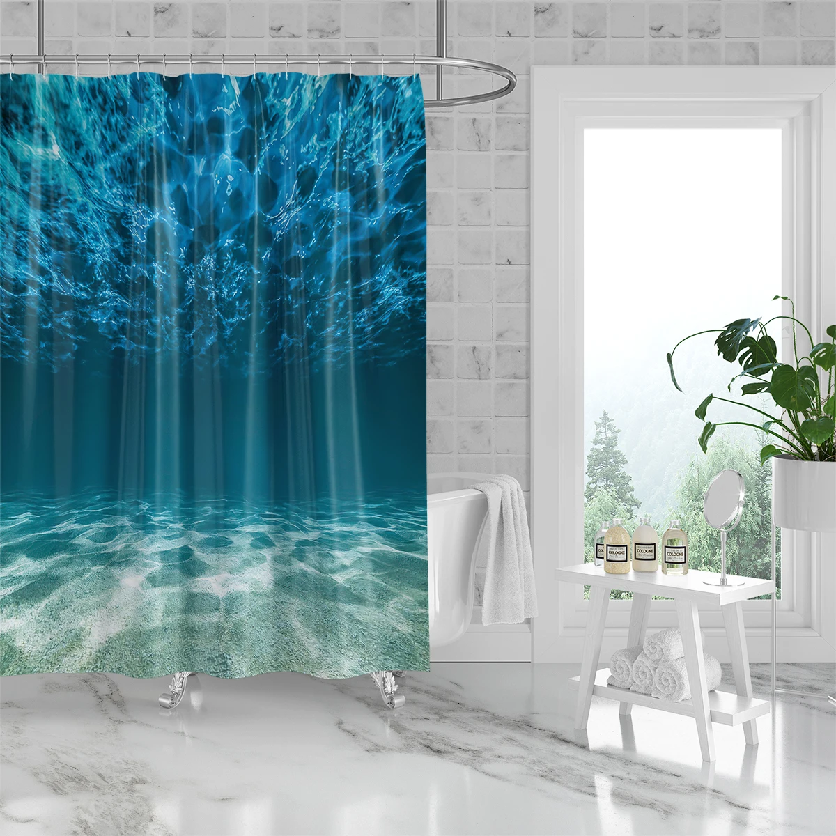 1PC, 180x180cm bathroom polyester shower curtain, mold resistant, waterproof, perforated with hooks, blue seawater print