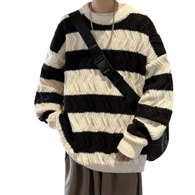 Lazy Coat Vintage Stripe Sweater Men\'s Autumn and Winter Thickened Design Sense Small Crowd Round Neck Sweater Fashion Brand