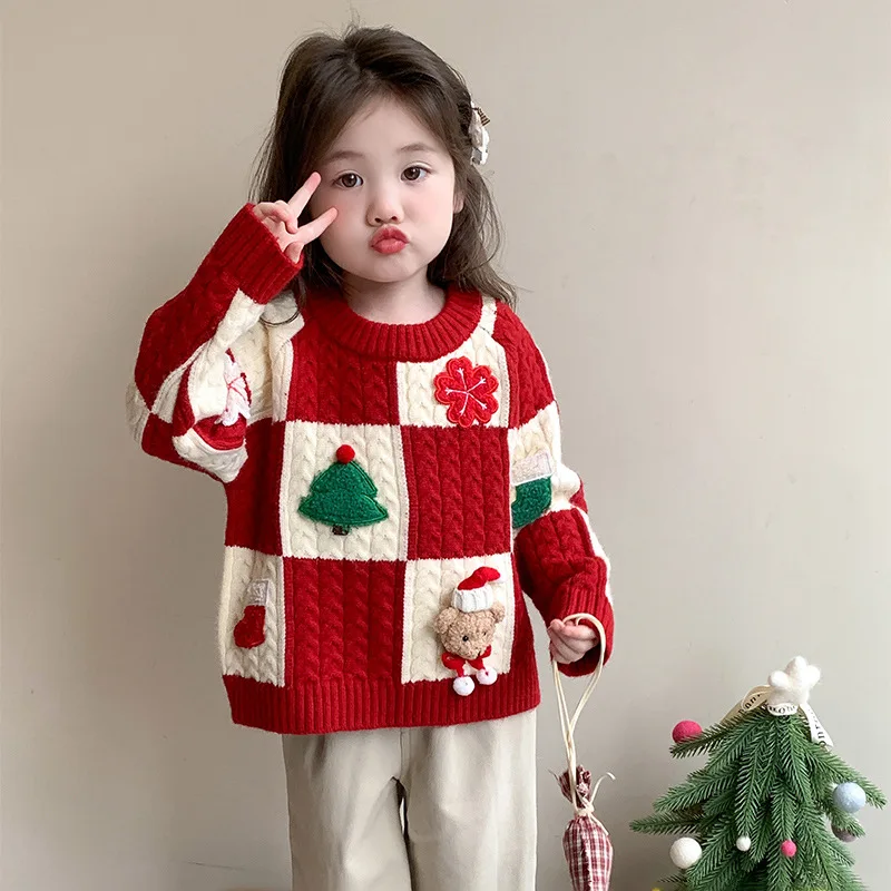 

Милый рождественский свитер для девочек на осень и зиму. Новый детский утолщенный топ. Детская мода. Новогодний вязаный свитер.