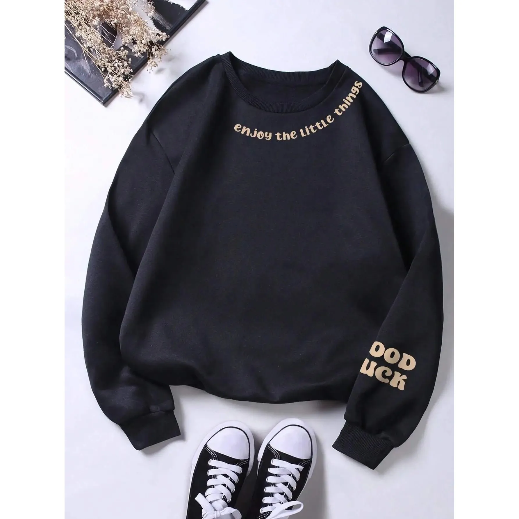 

Enjoy the Little Things Letter Print Sweatirt Women's Autumn Linen Knitted Top Comfortable Casual Faion Ladies' Wear