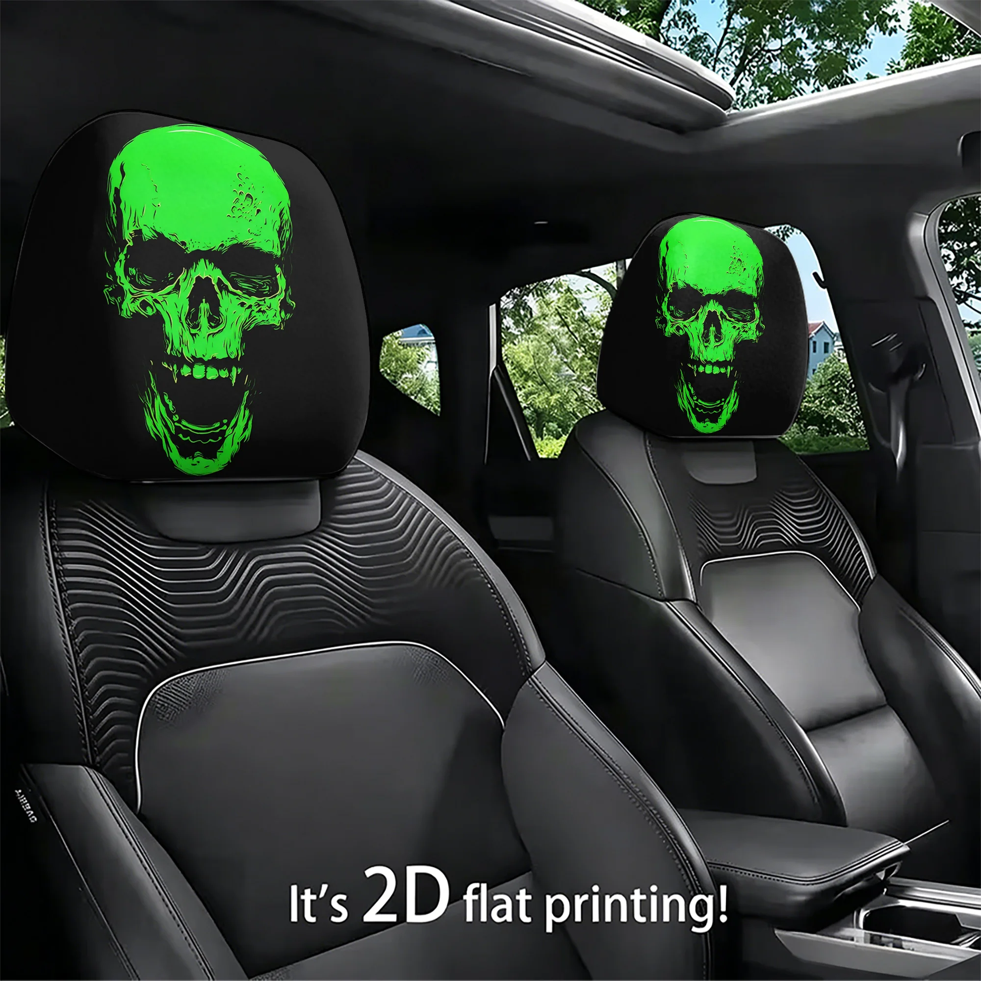 2pcs Green Neon Skull-Printed Car Headrest Covers—add an avant-garde style to your car’s interior. Does not include filling. Eas
