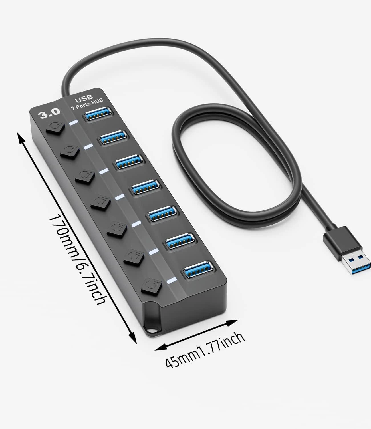 USB 3.0 hub,  7-port USB data hub splitter, USB expansion with 3-foot cable, suitable for laptops, computers, Surface Pro,