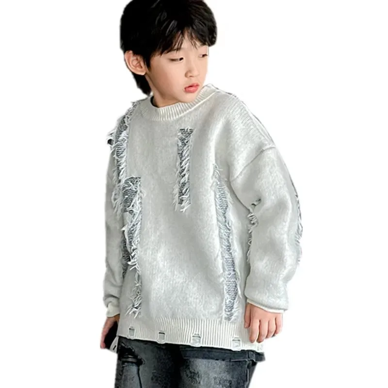 

Autumn WInter Child Ripped Sweater with Holes For Boys Trendy Knit Top Outerwear Kids Black Grey Color Destroyed Knitwear 5-14 T