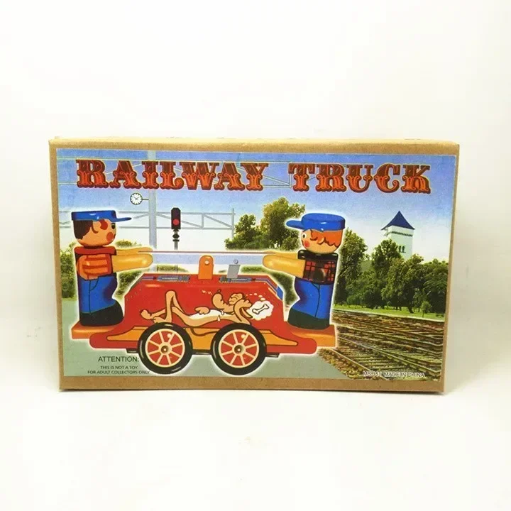 

Classic retro clockwork wind-up metal walking tin lever car railway truck workers mechanical toys perfect for kids' gifts