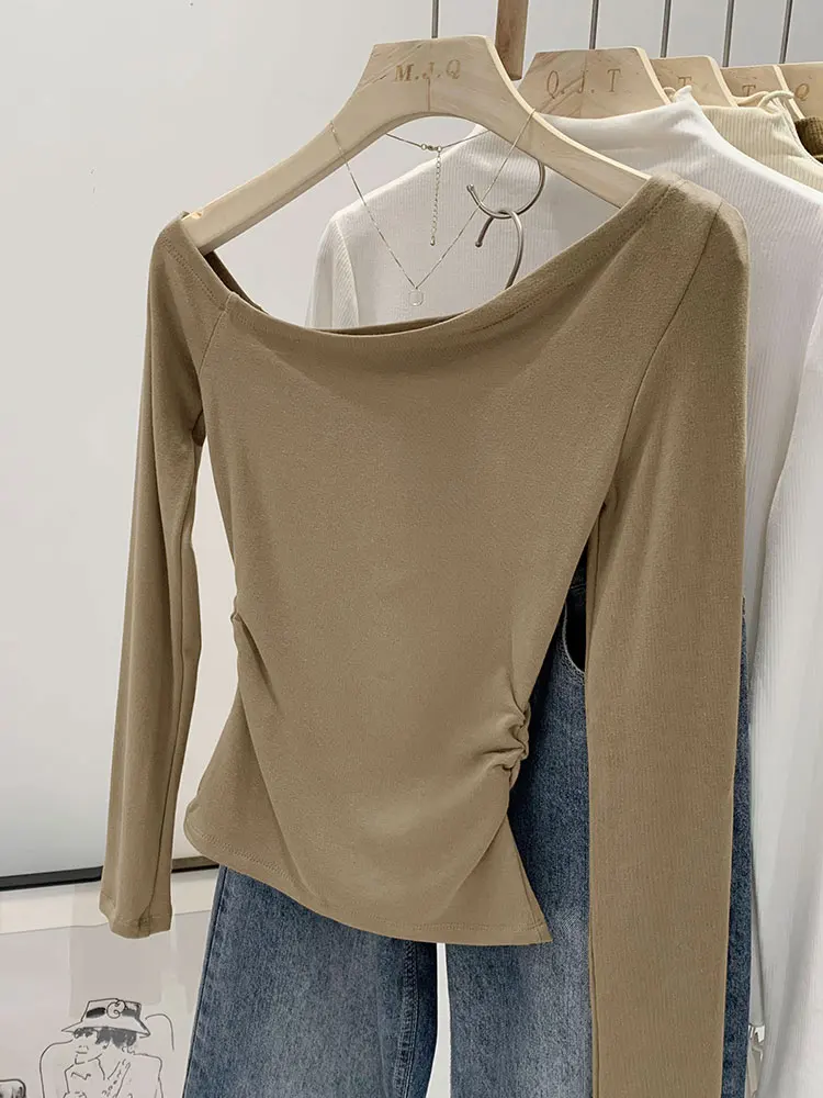 Slim Fit Long Sleeve T-Shirt Women's Sexy Chic Shoulder Angle Waist Inward Outwear Korean Style Commute Pure Color Cotton Blend