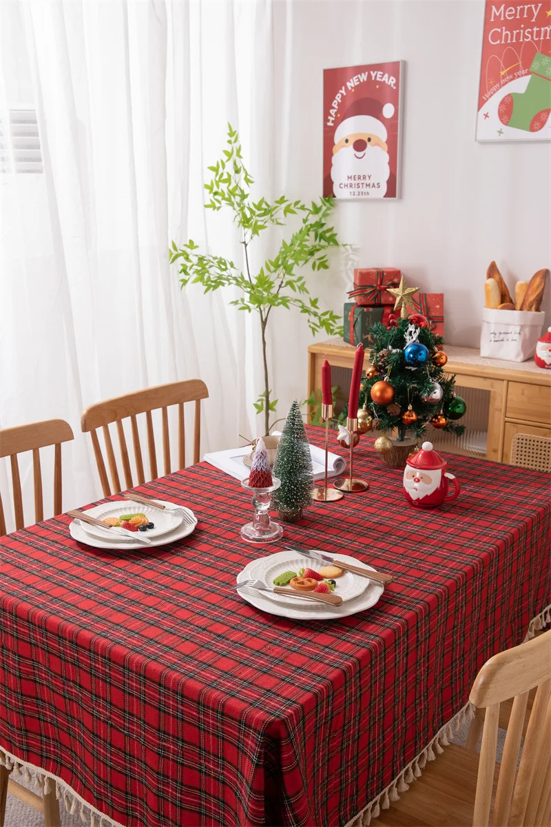 Weihnachtsdekoration, runde Tischdecke, karierte Tischdecke für Neujahr, Familientreffen, Restaurant, Party, Abendessen, Heimdekoration – Detail 19