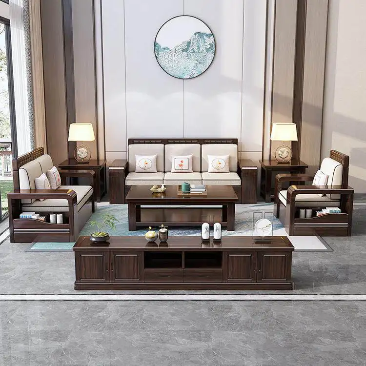 KKNew chinoiserie purple gold sandalwood casual living room winter and summer dual-use storage solid wood straight row sofa