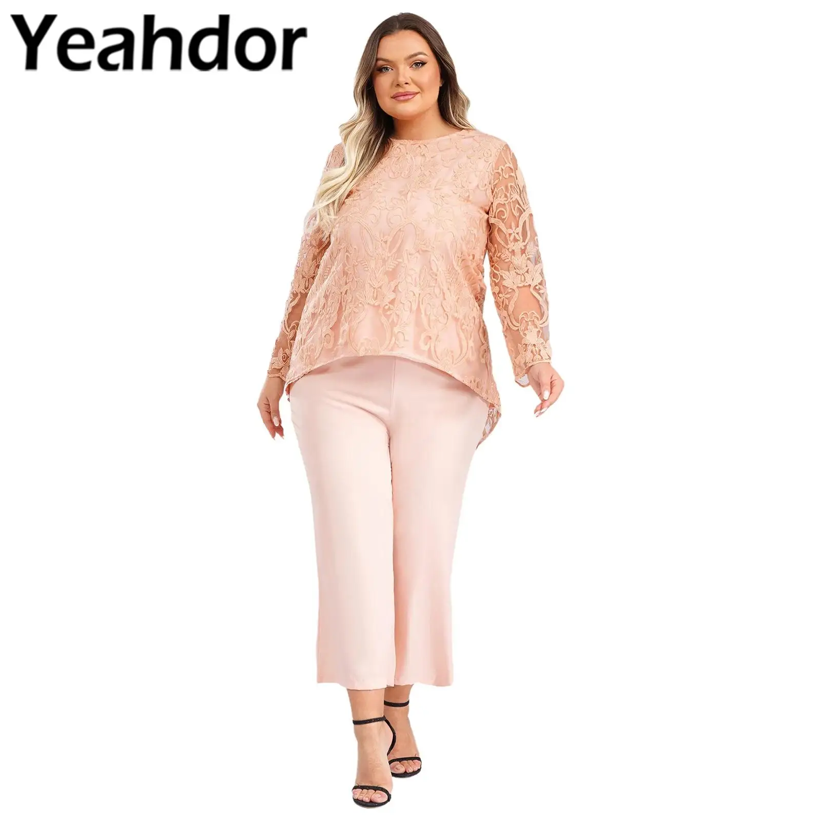 Women Mother of The Bride Dresses Long Sleeve Prom Party Suits 2 Pieces Top with Wide-Leg Pants for Wedding Party Prom Vestidos