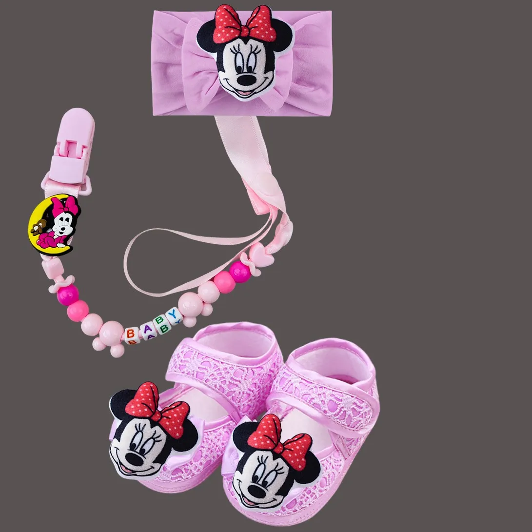 Sepatu Bayi Perempuan Mickey Mouse 3D Plush Head Kawaii, Set Headband dan Rantai Empeng, Sepatu Putri Berkilau untuk Bayi Baru Lahir