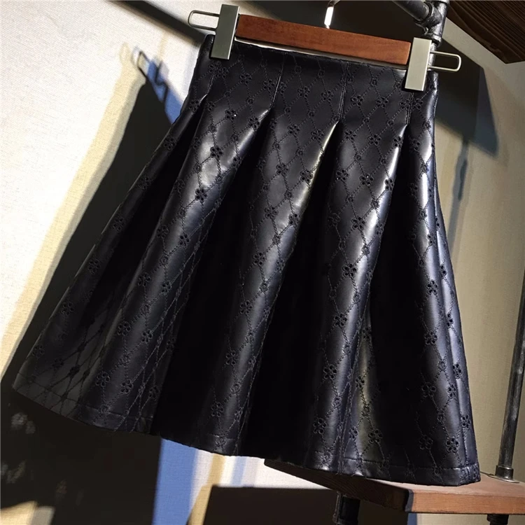 Solid A Line Skirts New PU Faux Leather High Waist Women Tutu Skirt Black Embroidery Short Skirt