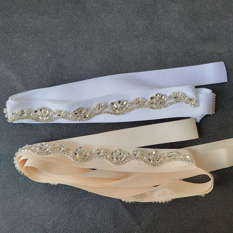 SLBRIDAL Wedding Accessories Pearls Wedding Belt Satin Rhinestones Evening Prom Dress Belt Bridal Ribbon Sash Bridesmaids Women