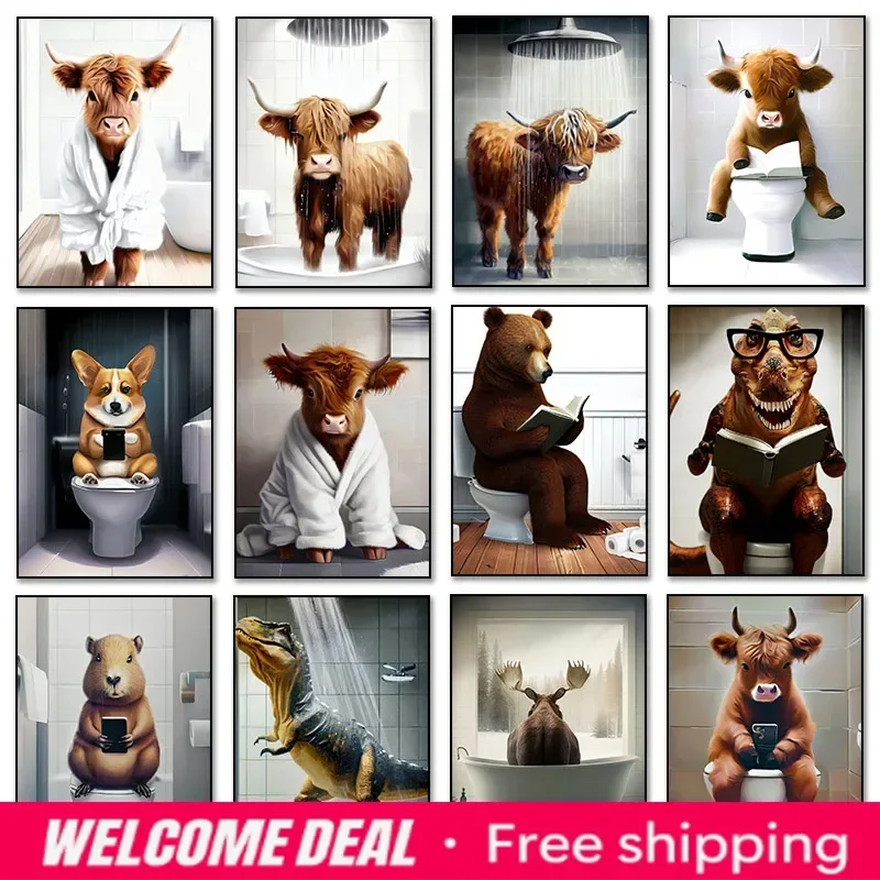 Funny Animal Highland Cow Capybara BathroomToilet Baby Cow on Toilet with Phone Canvas Painting Print For Bathroom Home Decor