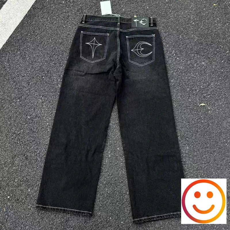 Washed Thug Club Emboridery Root Tassel Straight Jeans Men Women Hip Hop Casual High Quality Black Loose Denim Cowboy Pants