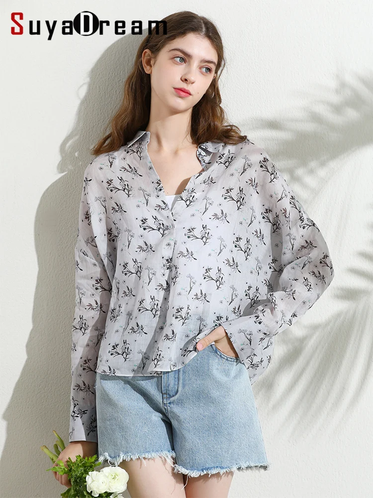 SuyaDream, Woman Floral Shirts, 100%Ramie, Long Sleeved, Comfortable Lightweight Cozy Blouses, 2024 Spring Summer Top, Grey