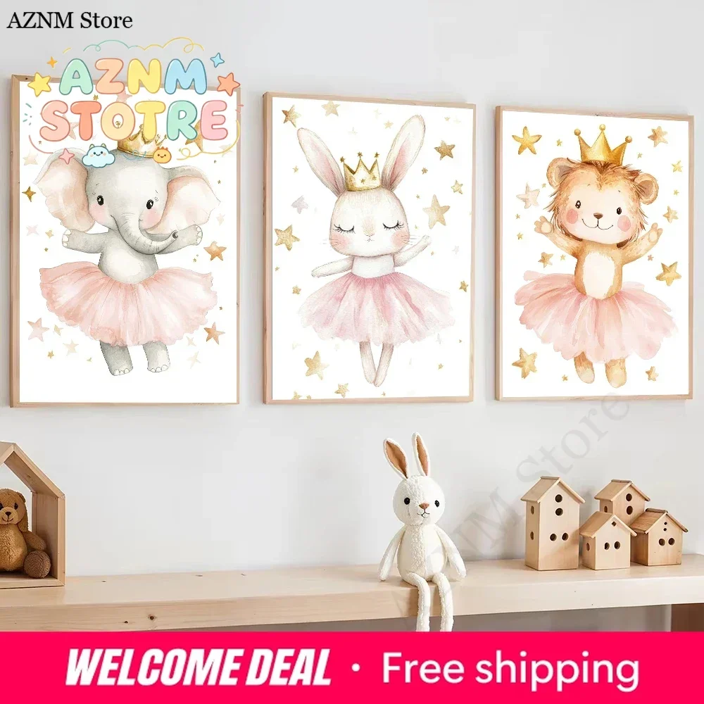 Pink Unicorn Bunny Lion Elephant Crown Ballet Dancer Poster Print Nursery Wall Art Canvas Painting Nordic Cartoon Kid Room De