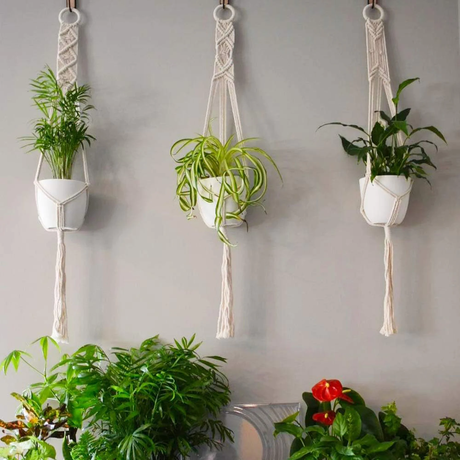 3 Stück Boho-Makramee-Pflanzenaufhänger, Wandbehang für Pflanzgefäße im Innen- und Außenbereich, Blumentopfseil für Heimdekoration – Detail 3