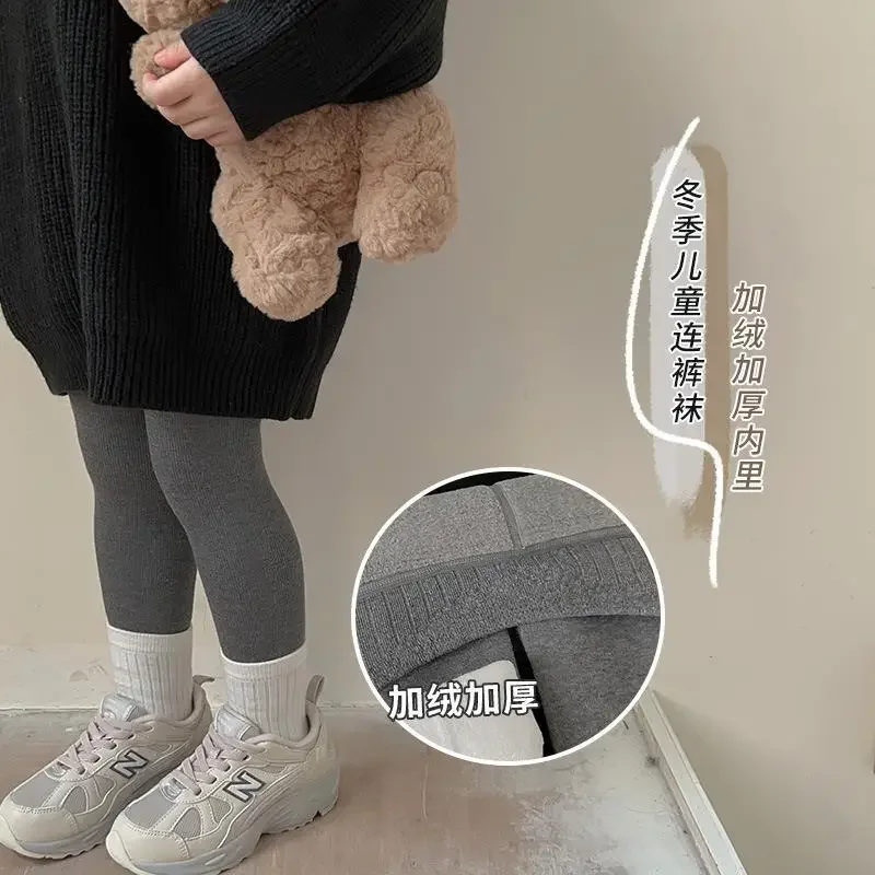 Kids Pants Solid Girls Tights Fur Lining Pantyhose Girl Skinny Leggings Solid Color Warm Plus Velvet Stepping Foot Pantyhose