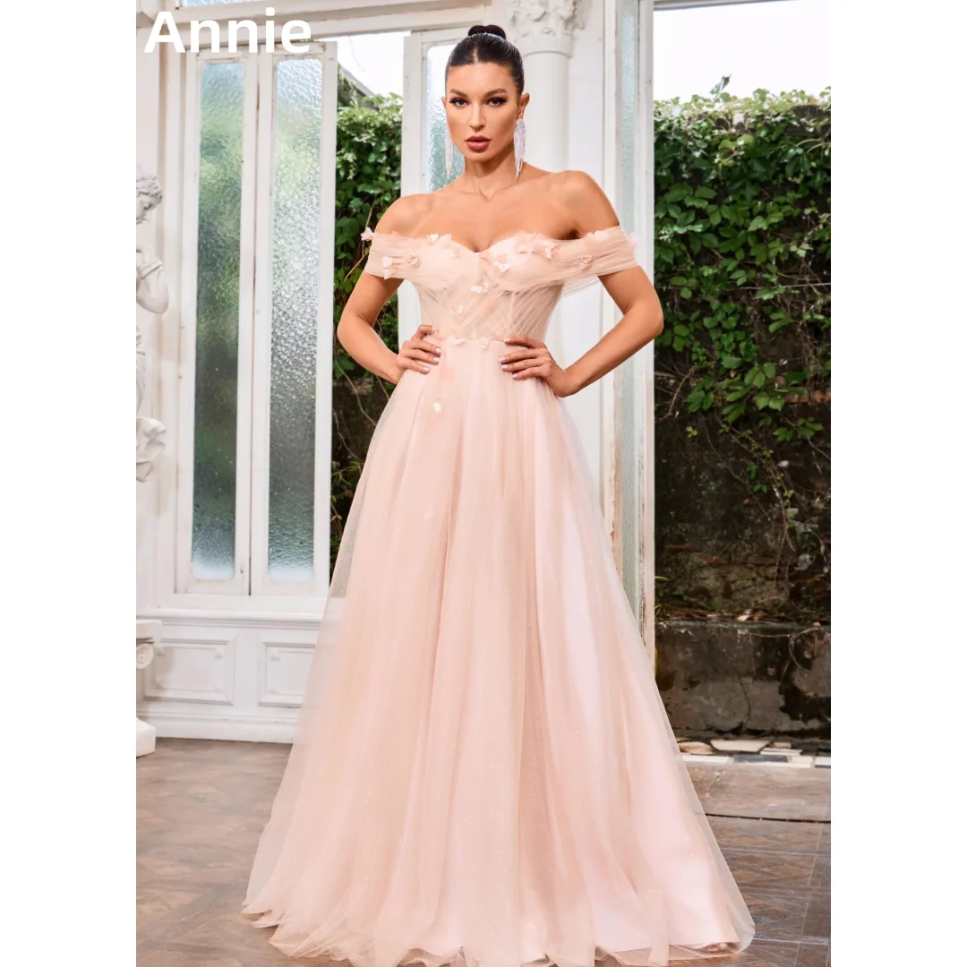 Annie Pink Prom Dresses Special Occasion Glitter Tulle 3D Applique Evening Dresses Formal Wedding Party Dress Robes De Soirée