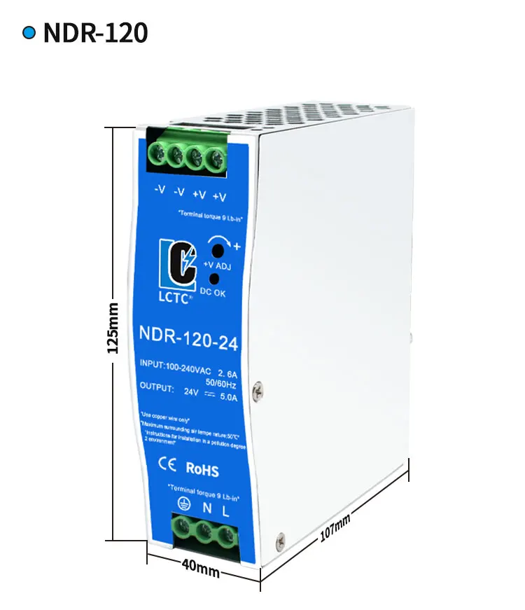 LCTC-Schaltnetzteil NDR-75W 120W 240W 480W Industrielles DIN-Schiene 12V 24V 48V AC/DC-Leistungstransformator mit Einzelausgang – Detail 6