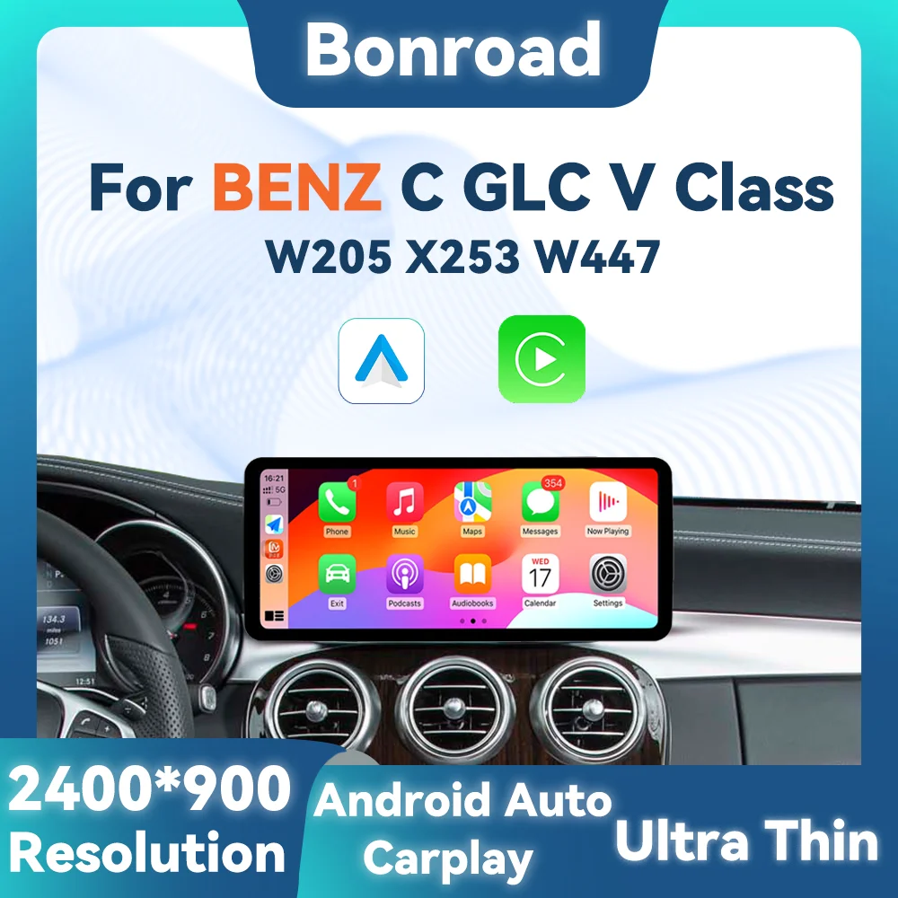 BONROAD 2400*900 12.3 Touch Screen Ultra Thin Car Multimedia Wireless CarPlay Android Auto Radio GPS For Mercedes Benz C GLC V W204 W205 GPS Display Navigation Stereo Mirrorring Airplay Autolink